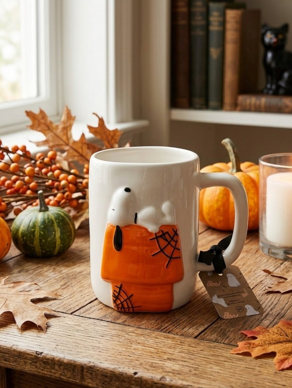 Rae Dunn Halloween Snoopy Doghouse Caught‎ In Your Web Ceramic Mug Coffee Cup
